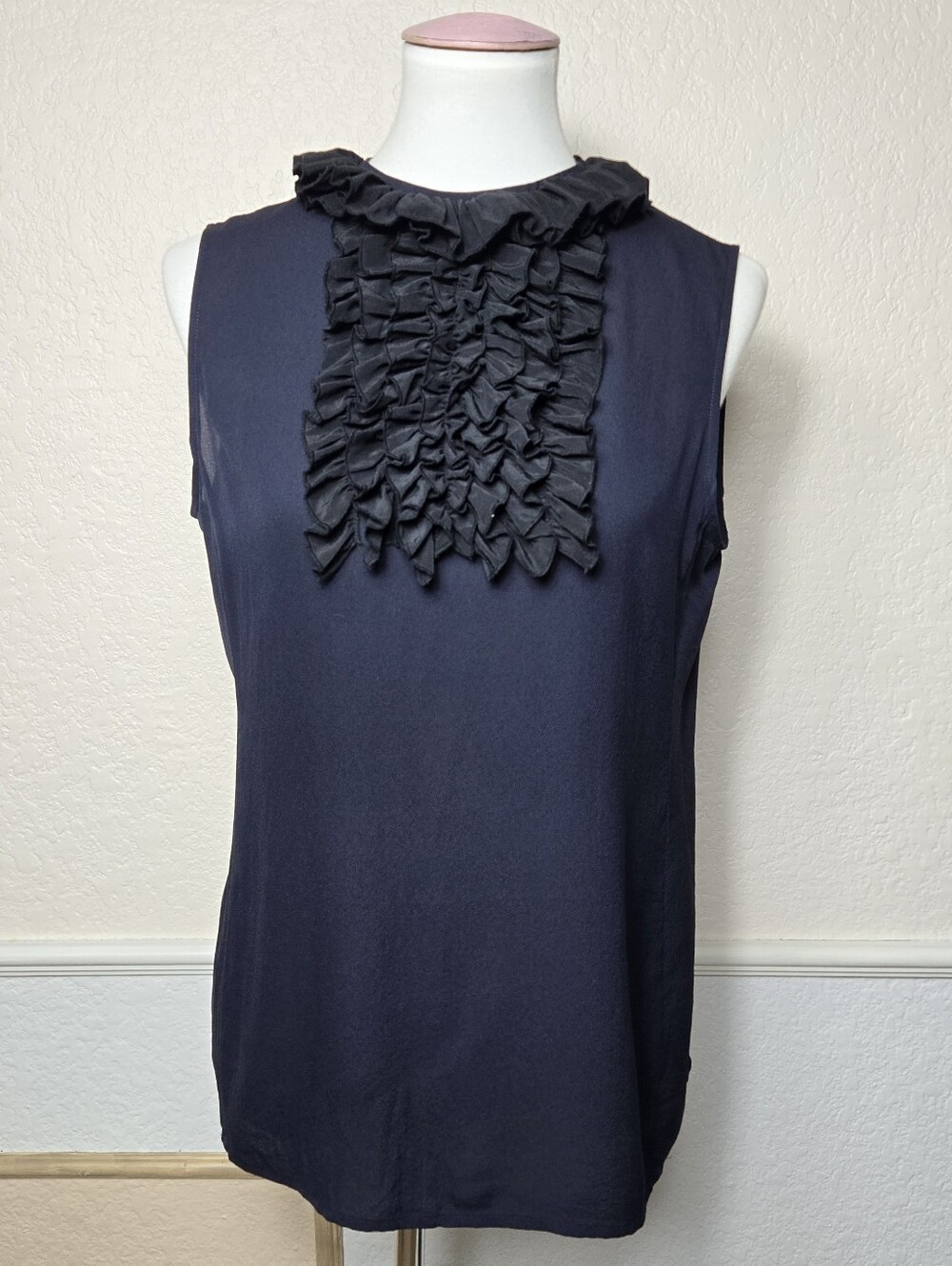 Tory Burch 100% Silk Navy Sleeveless Ruffle Bib Blouse